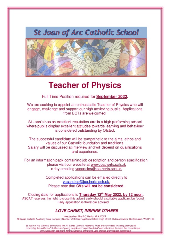 Sjoa teacher of physics advert may 2022